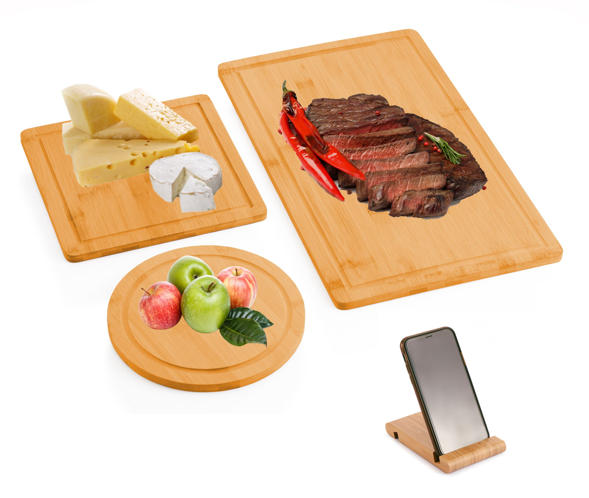 3 Pieces Bamboo Cutting Board with Juice Groove and Mobile Holder