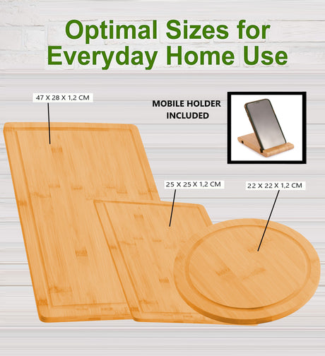 3 Pieces Bamboo Cutting Board with Juice Groove and Mobile Holder