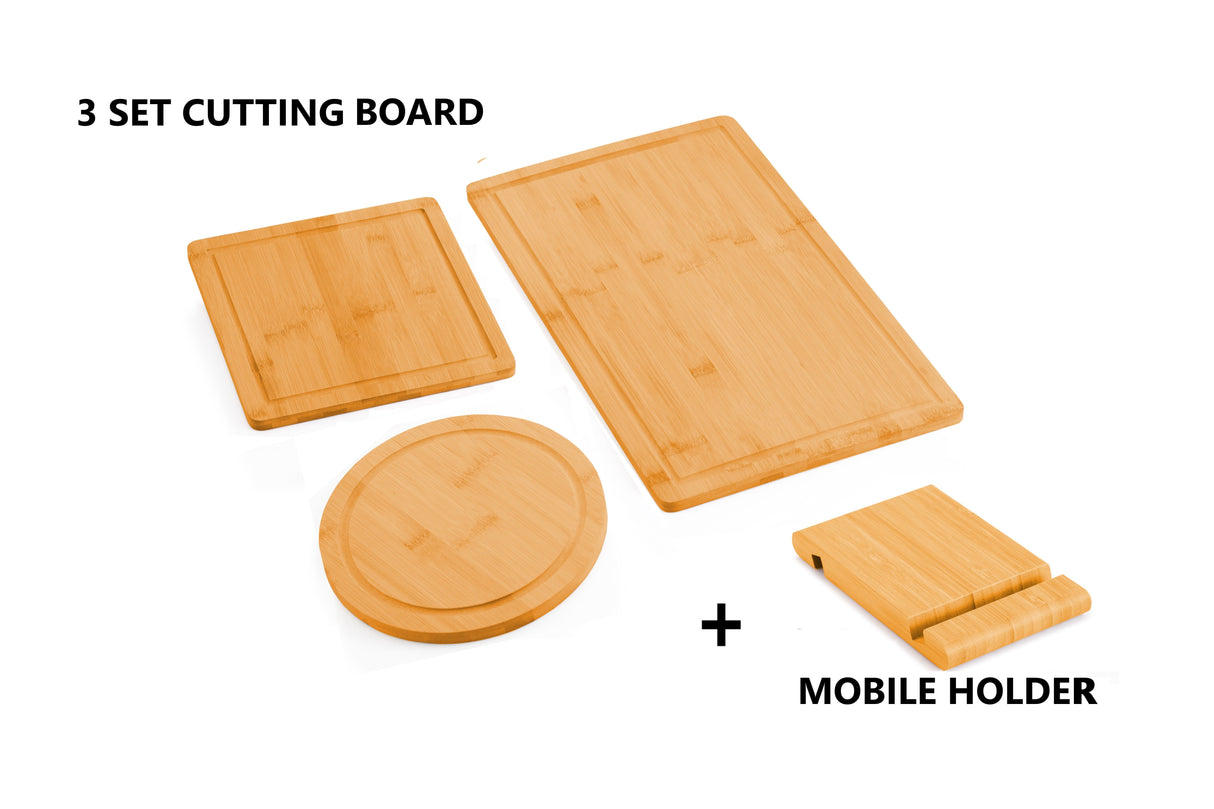 3 Pieces Bamboo Cutting Board with Juice Groove and Mobile Holder
