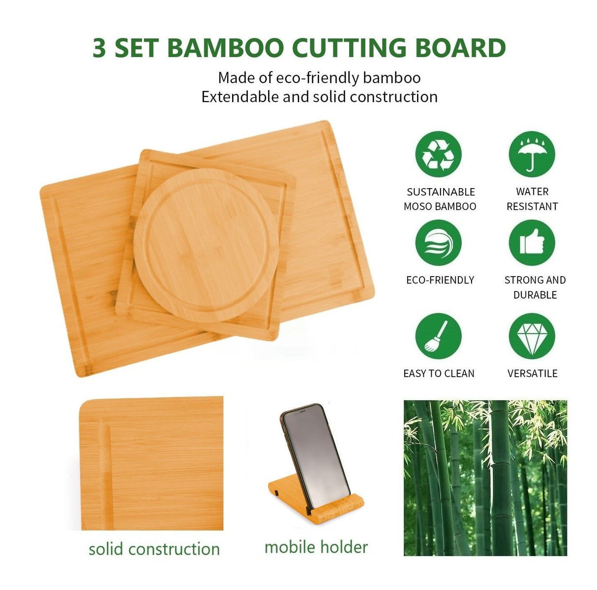 3 Pieces Bamboo Cutting Board with Juice Groove and Mobile Holder