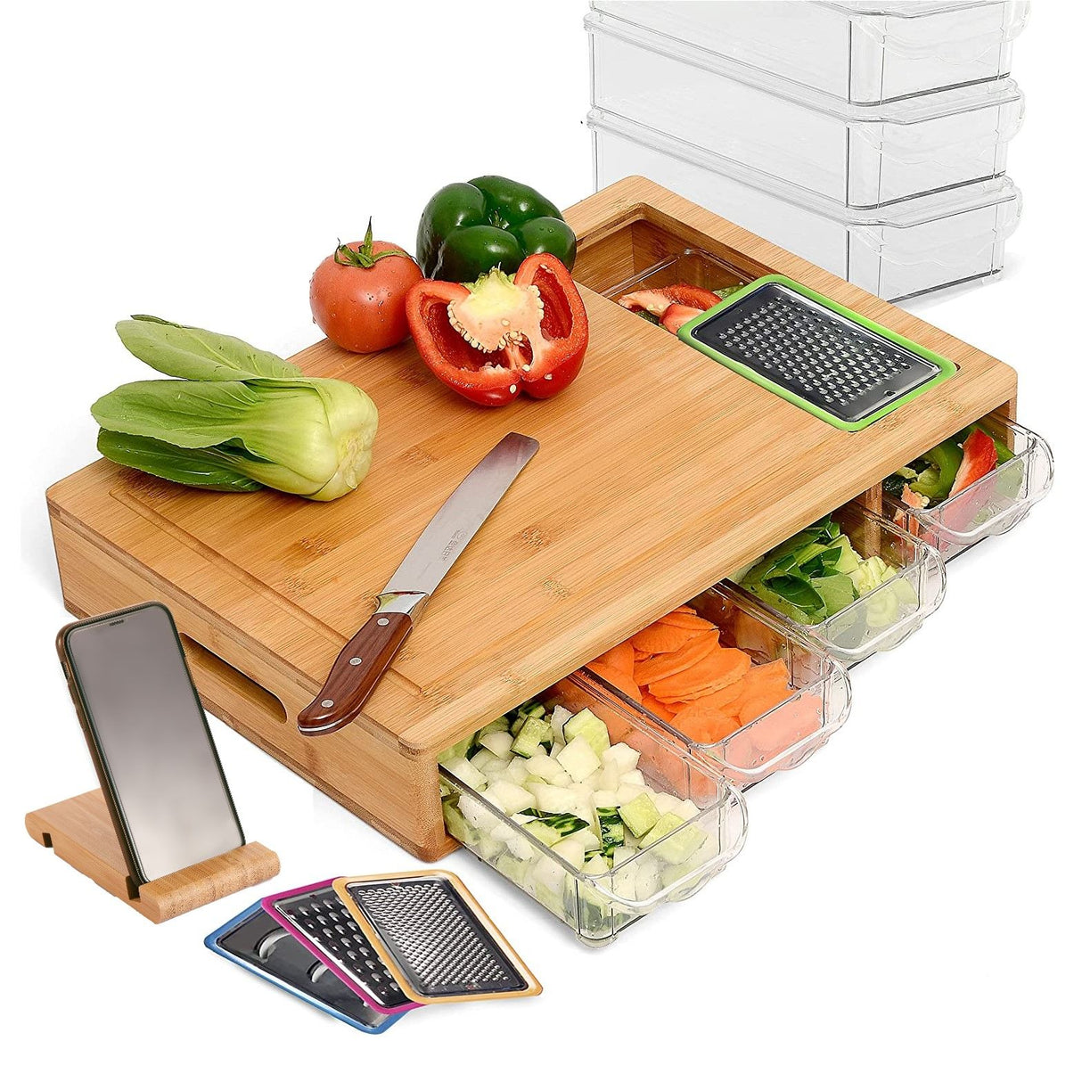 Eco-Friendly Large Bamboo Cutting Board and 4 Containers with Mobile Holder Gif Included