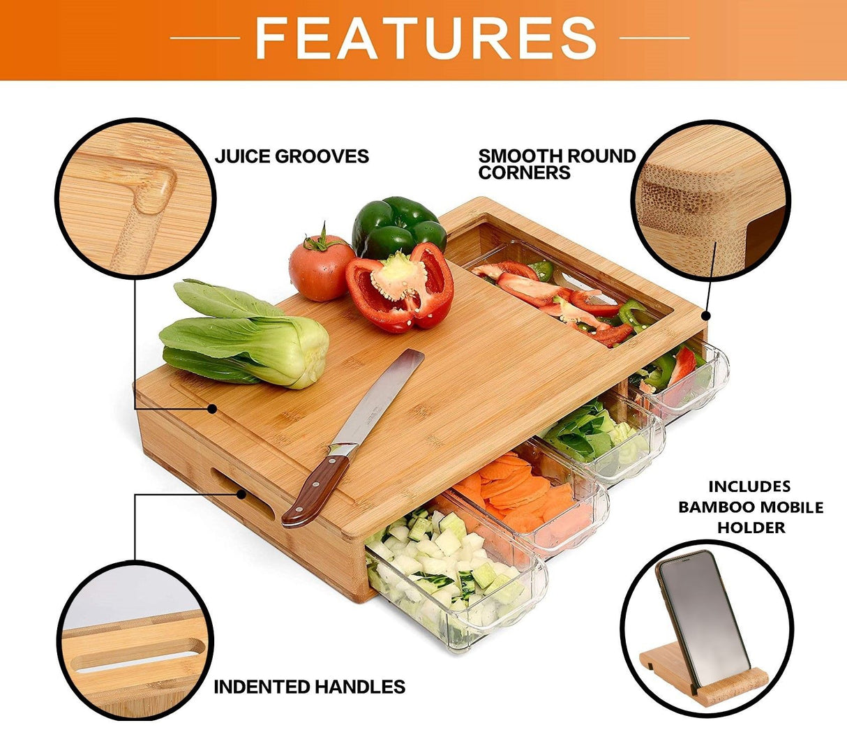 Eco-Friendly Large Bamboo Cutting Board and 4 Containers with Mobile Holder Gif Included