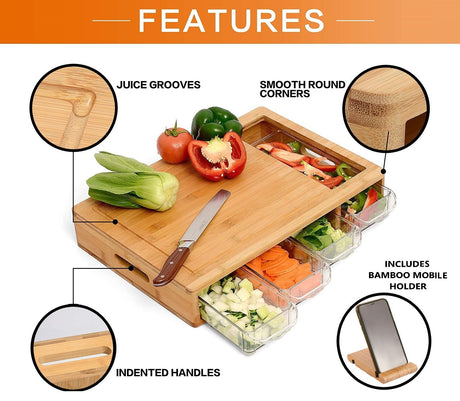 Eco-Friendly Large Bamboo Cutting Board and 4 Containers with Mobile Holder Gif Included