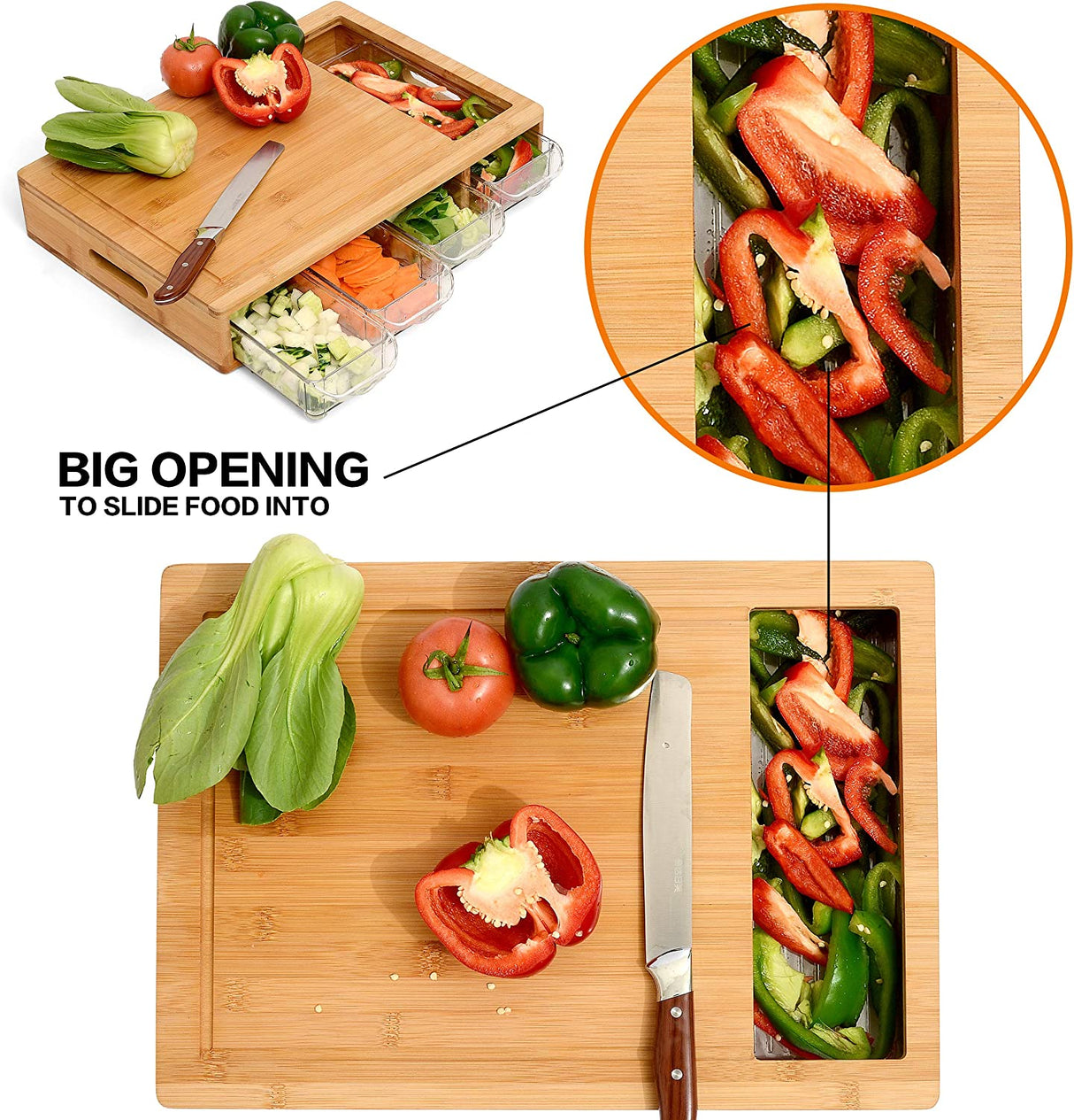 Eco-Friendly Large Bamboo Cutting Board and 4 Containers with Mobile Holder Gif Included