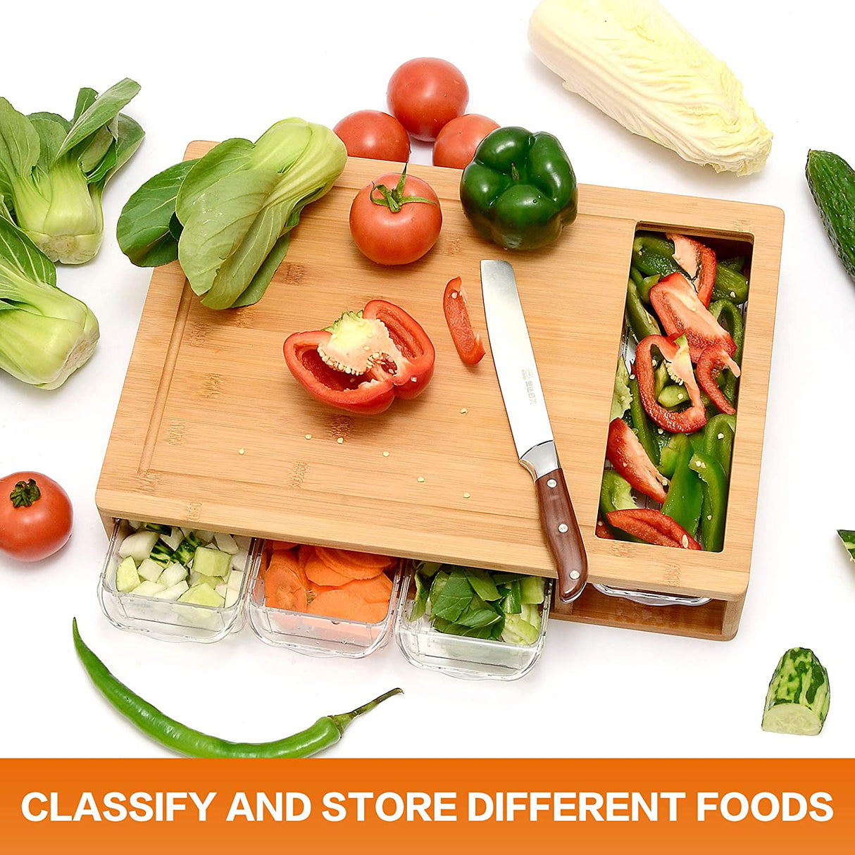 Eco-Friendly Large Bamboo Cutting Board and 4 Containers with Mobile Holder Gif Included