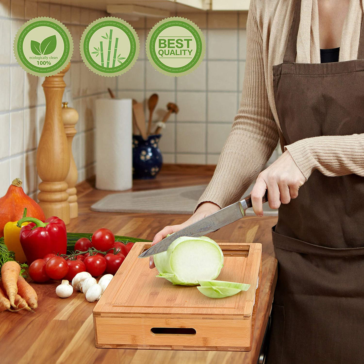 Eco-Friendly Large Bamboo Cutting Board and 4 Containers with Mobile Holder Gif Included