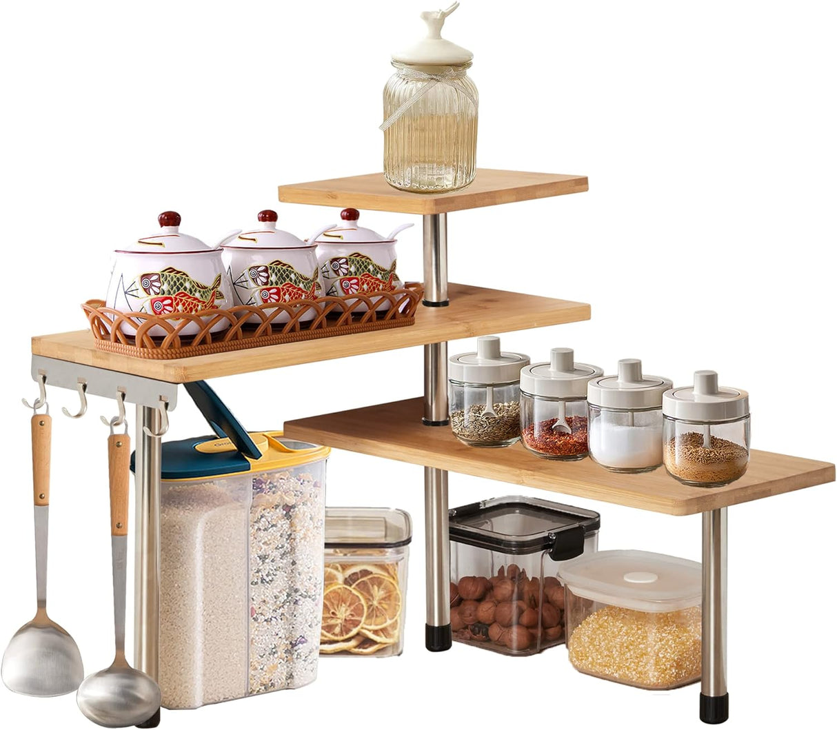 Eco-Friendly Pollution-Free Bamboo 3 Tier Corner Shelf Kitchen Spice Rack Organiser with Hooks