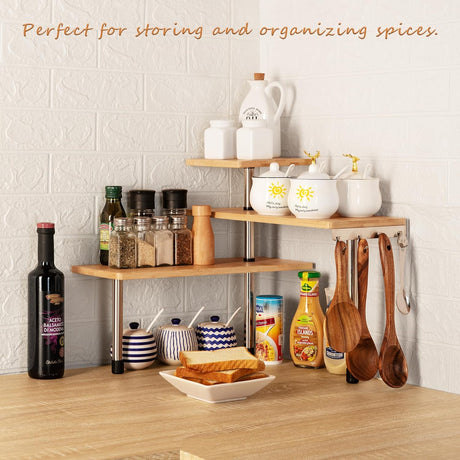 Eco-Friendly Pollution-Free Bamboo 3 Tier Corner Shelf Kitchen Spice Rack Organiser with Hooks