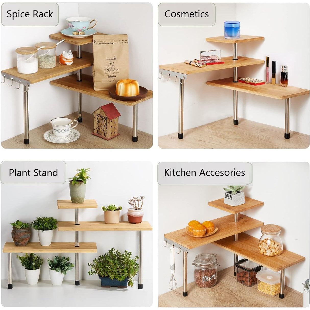 Eco-Friendly Pollution-Free Bamboo 3 Tier Corner Shelf Kitchen Spice Rack Organiser with Hooks