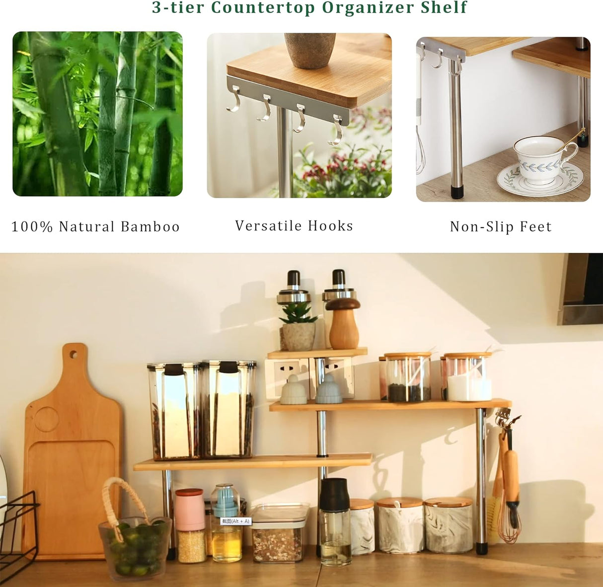 Eco-Friendly Pollution-Free Bamboo 3 Tier Corner Shelf Kitchen Spice Rack Organiser with Hooks