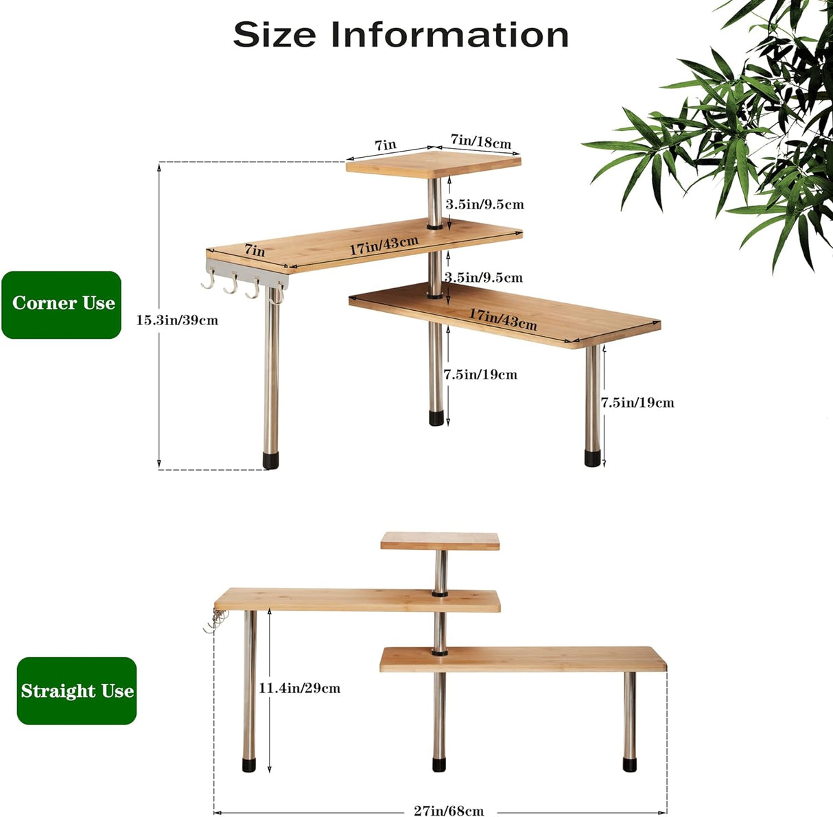 Eco-Friendly Pollution-Free Bamboo 3 Tier Corner Shelf Kitchen Spice Rack Organiser with Hooks