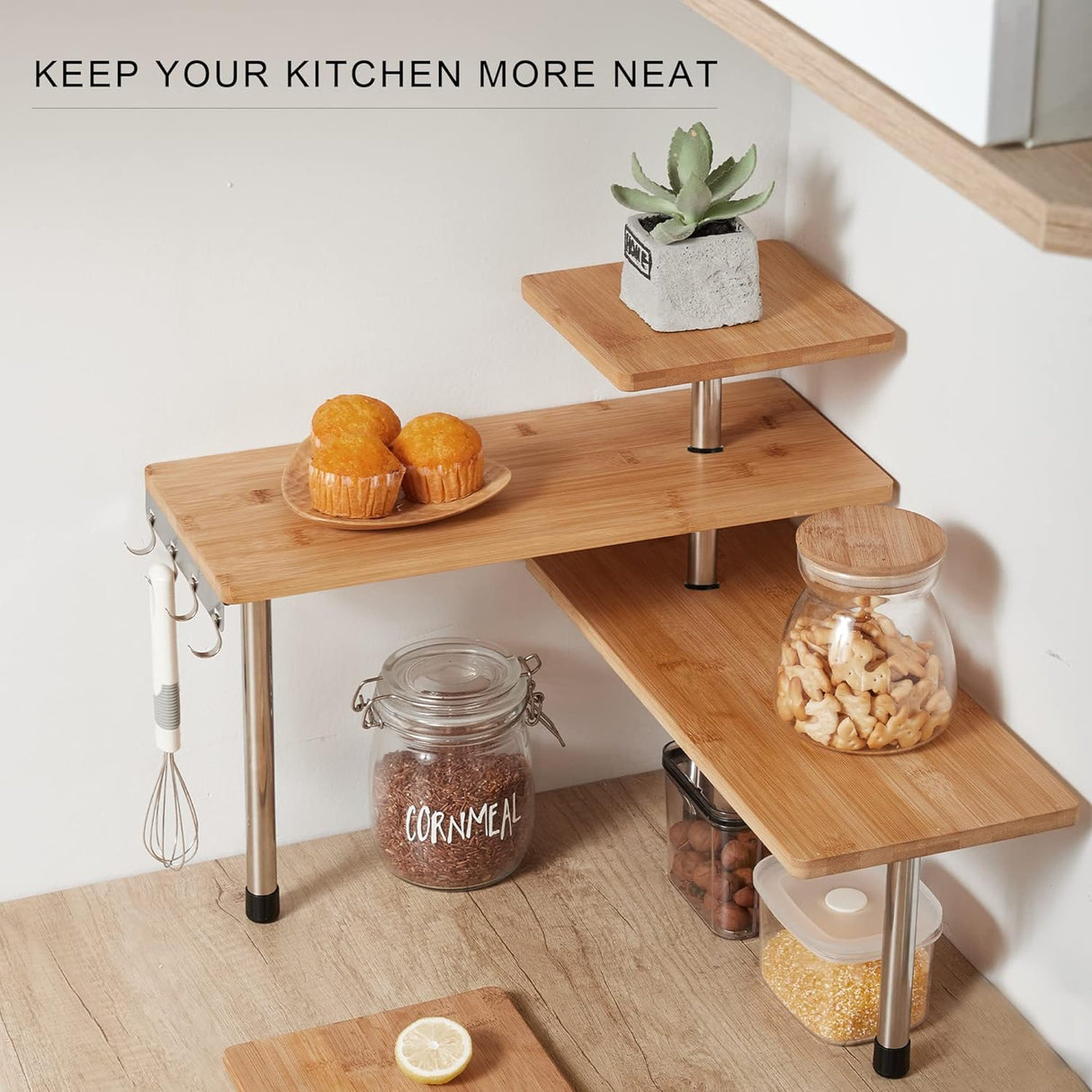 Eco-Friendly Pollution-Free Bamboo 3 Tier Corner Shelf Kitchen Spice Rack Organiser with Hooks