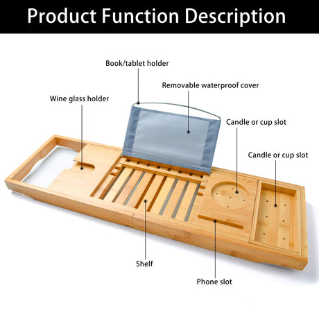 Bamboo Bathtub Bath tub Tray Table Caddy Tray Cellphone, Book, Tray Glass Holder