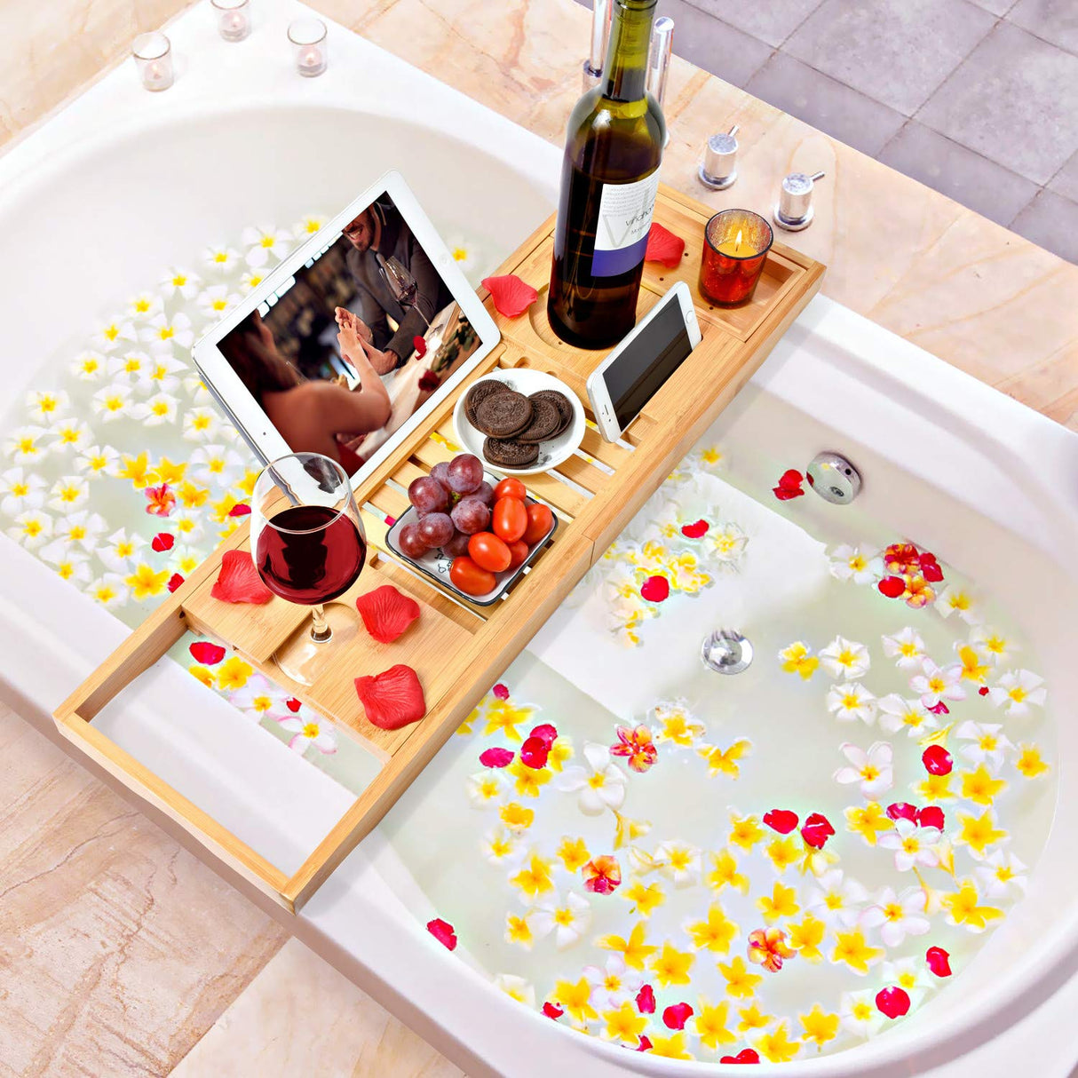 Bamboo Bathtub Bath tub Tray Table Caddy Tray Cellphone, Book, Tray Glass Holder