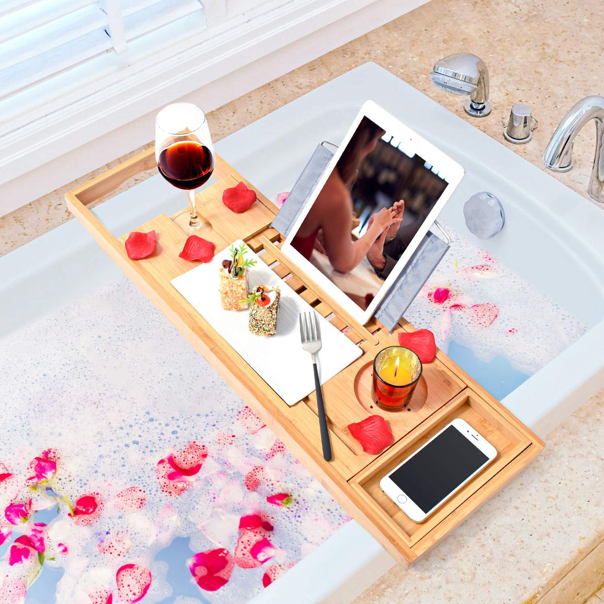 Bamboo Bathtub Bath tub Tray Table Caddy Tray Cellphone, Book, Tray Glass Holder