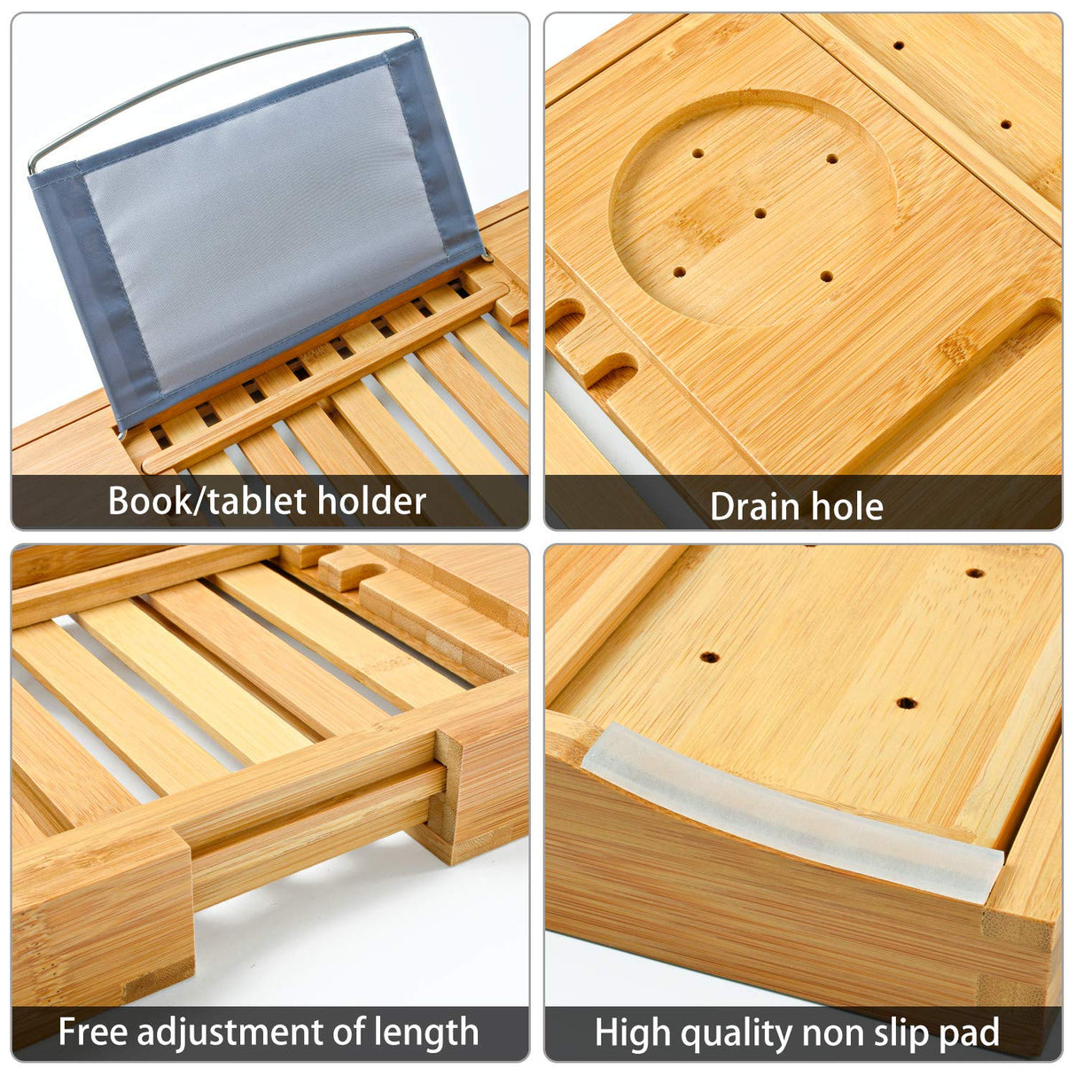 Bamboo Bathtub Bath tub Tray Table Caddy Tray Cellphone, Book, Tray Glass Holder