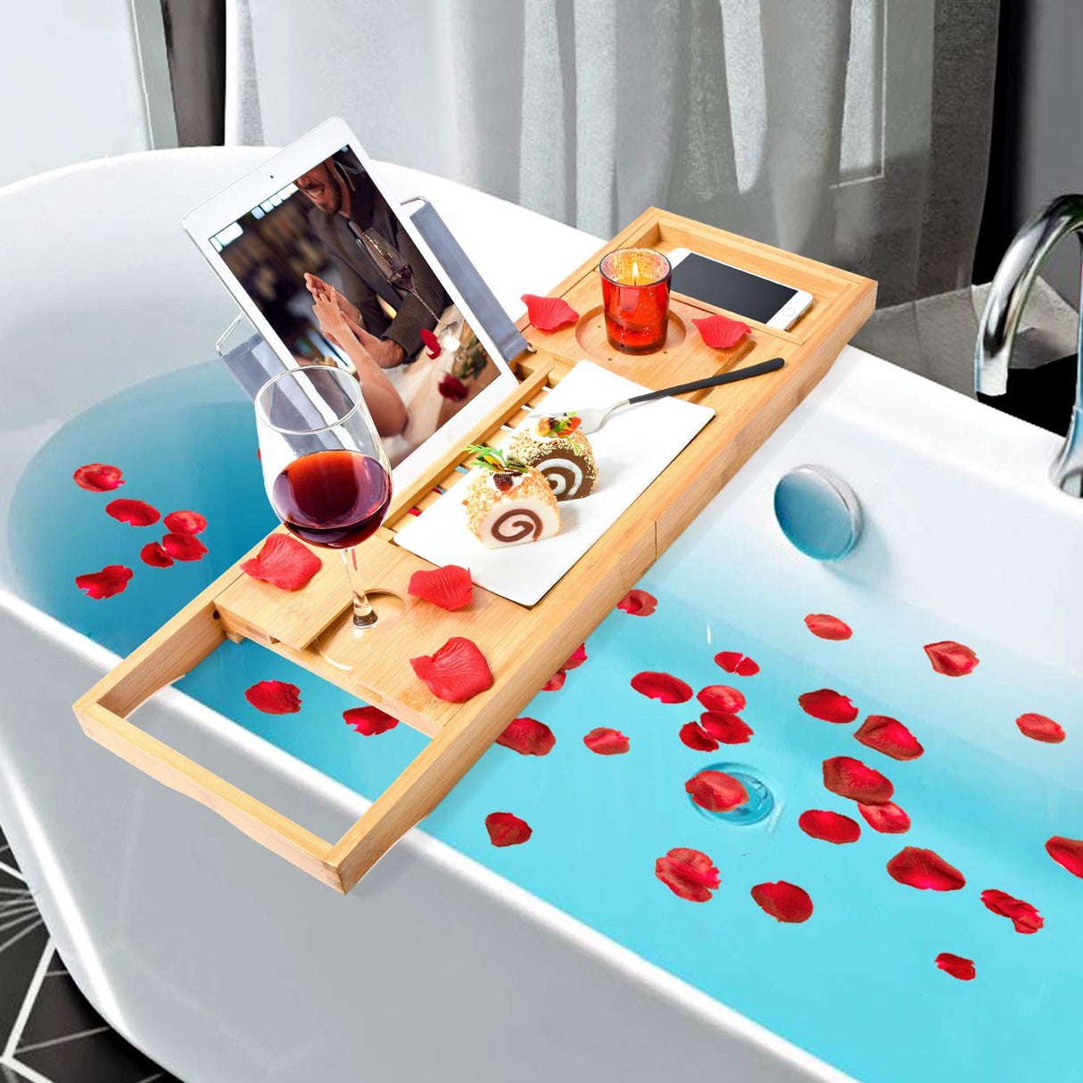 Bamboo Bathtub Bath tub Tray Table Caddy Tray Cellphone, Book, Tray Glass Holder