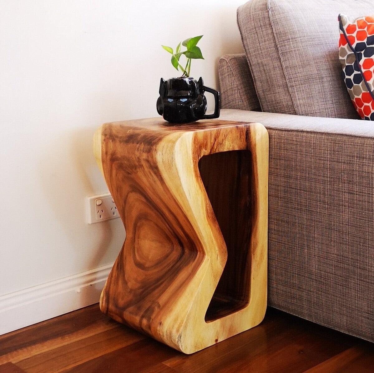 Hand Carved From Whole Wood Logs B Shape Raintree Side Table (Clear Finish)