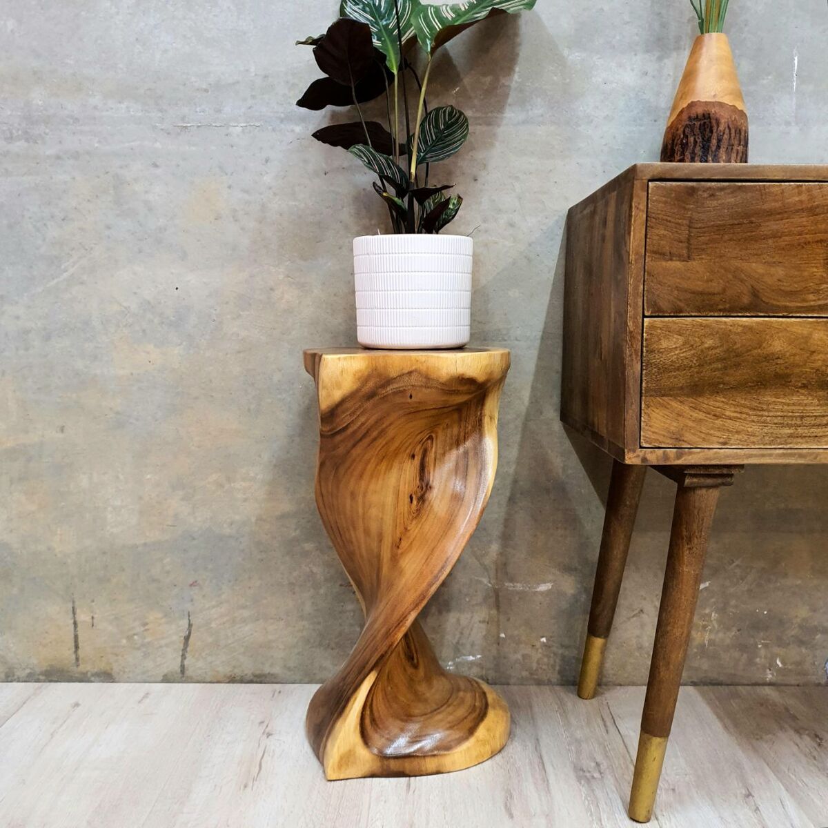Hand Carved From Whole Wood Log Heart-Shape Twisted Raintree Wood Side Table